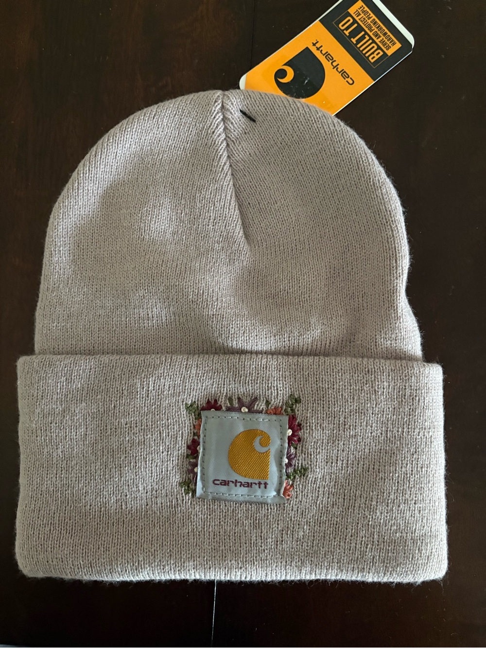 Carhartt Dusty Rose Knit Beanie with Yellow Logo Patch and Floral Accent